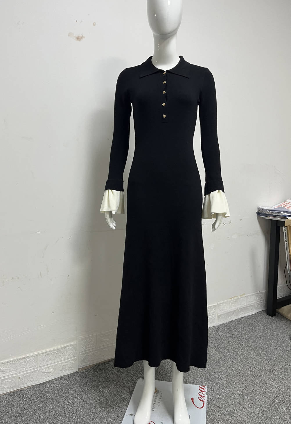 Dehaired Angora Covering Yarn Slimming Patchwork Long Sleeved Knitted Maxi Dress Casual Waist Tight Maxi Dress for Women