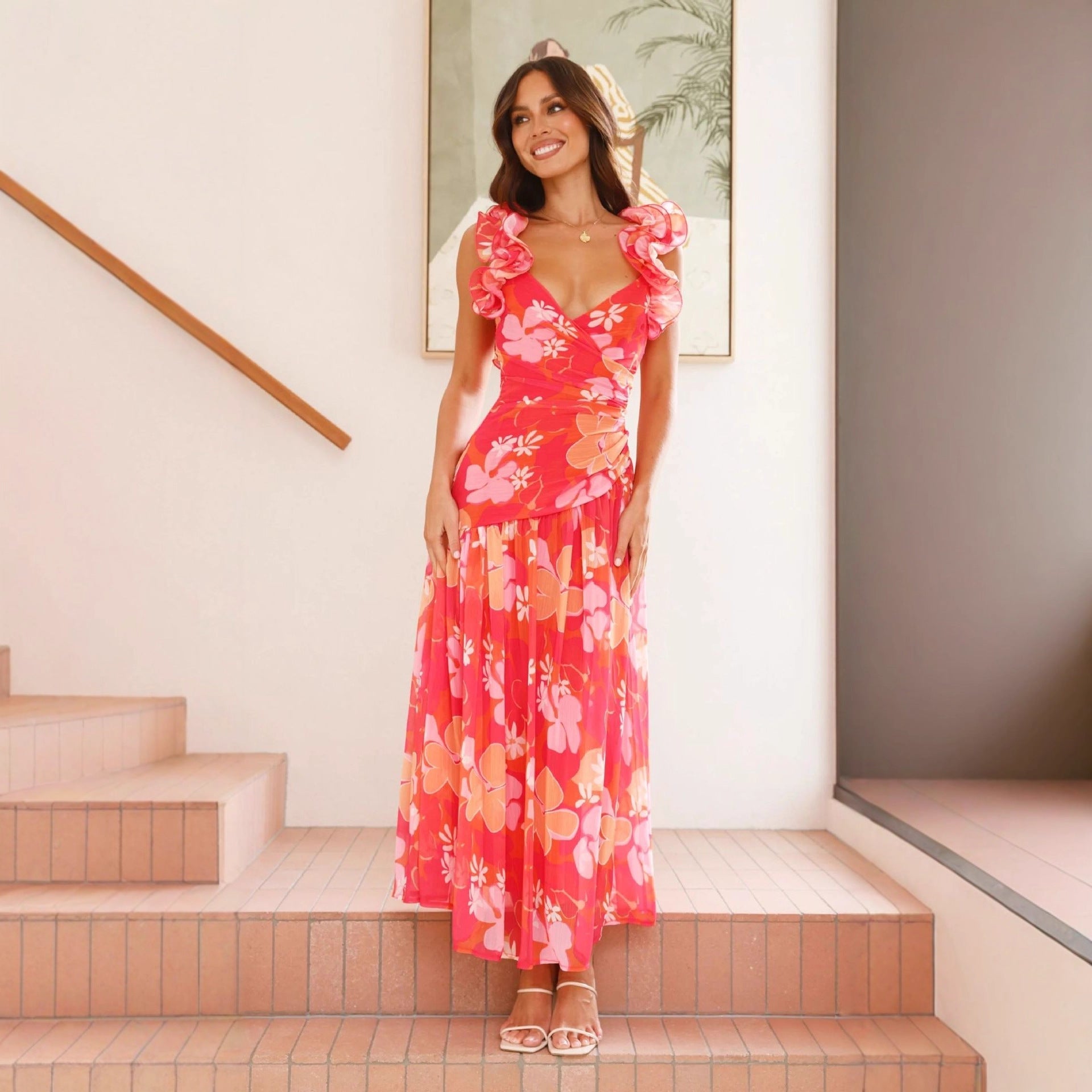 Summer Women Clothing opposite Sex Collar V neck Dress Sexy Slit Pleated Backless Dress