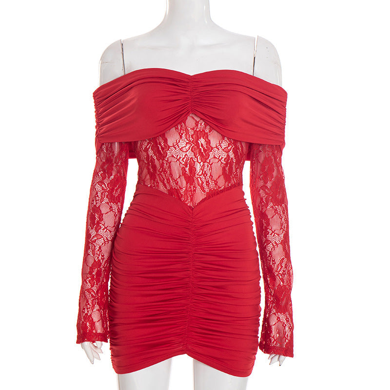 Women Autumn Winter Sexy off Shoulder Lace Stitching Hip Mini Dress