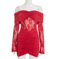 Women Autumn Winter Sexy off Shoulder Lace Stitching Hip Mini Dress