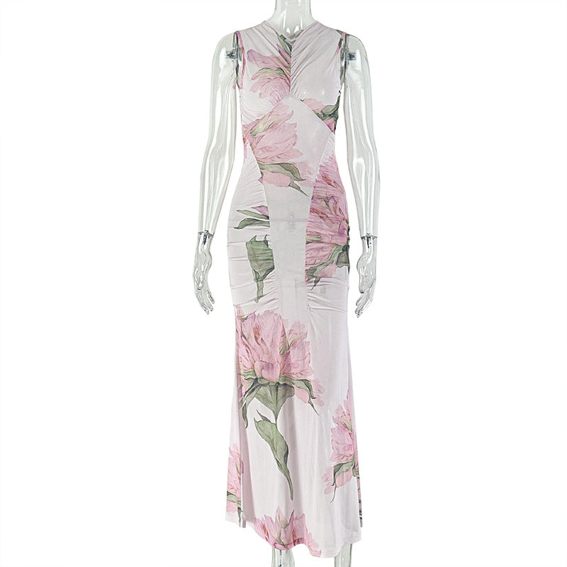 Office Women Elegant Printed One Step Hip Dress V neck Sleeveless Maxi Dress