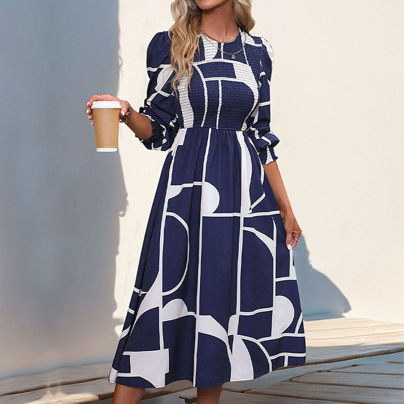 Fall Women Clothing Smocking Long Sleeve Printing Dress