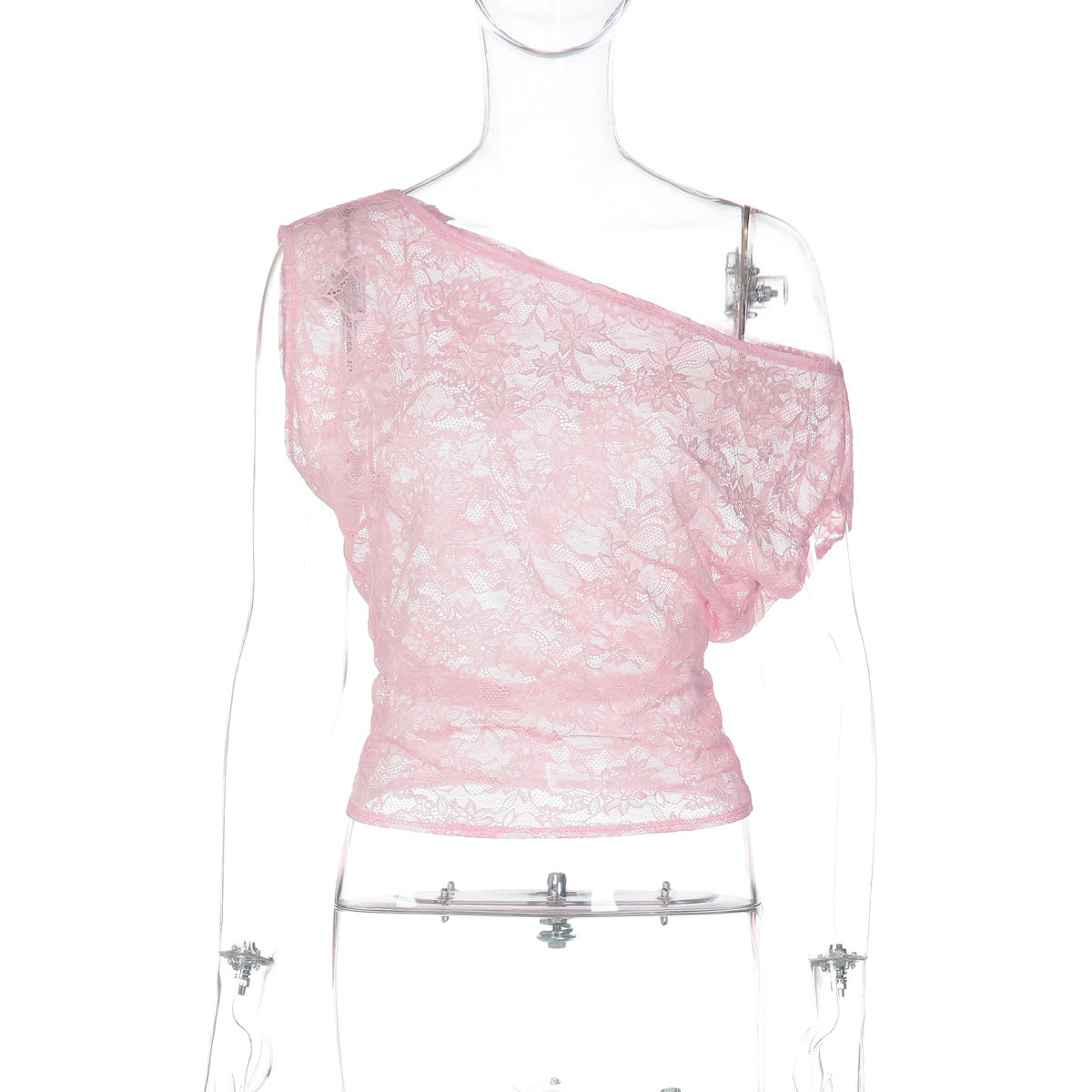 Women Clothing Winter Sexy Slim Hollow Out Cutout Lace Diagonal Collar Tight T shirt Sheer Top