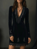 Retro Elegant Velvet Embroidered Lace V neck Long Sleeve Dress