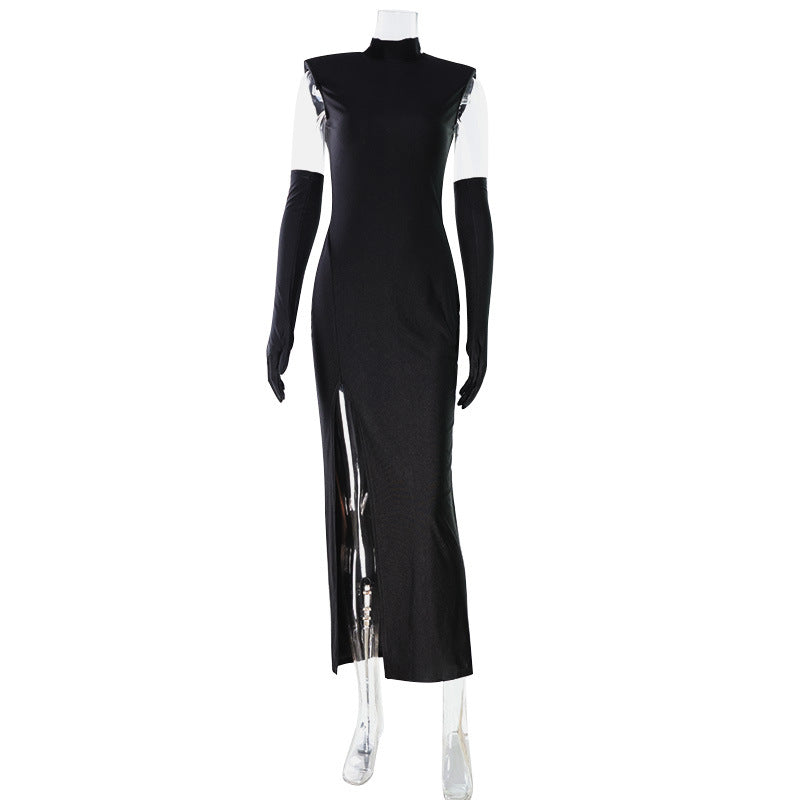 Sleeveless Elegant Women Red Carpet Cocktail Dress Sleeveless Solid Color High Slit Slim Fit Maxi Dress with Gloves