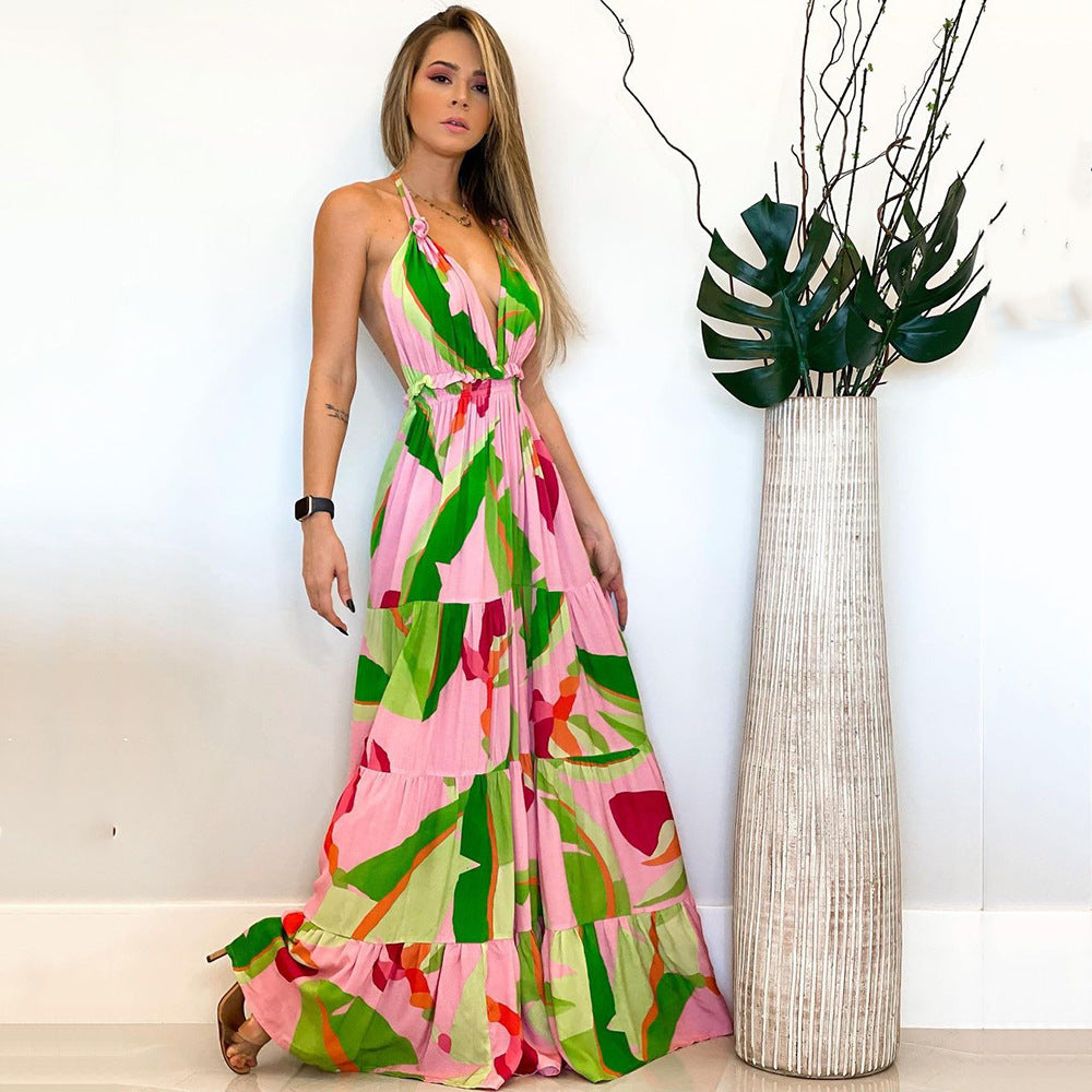 Spring Summer Women Clothing Deep V Plunge neck Backless Dress Bohemian Floral Strap Dress Women