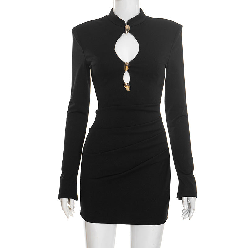 Women Clothing Autumn Winter Solid Color Elegant Slim Gold Trim Long Sleeve round Neck Short Dress