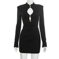 Women Clothing Autumn Winter Solid Color Elegant Slim Gold Trim Long Sleeve round Neck Short Dress