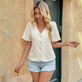 Elegant Graceful Lace Stitching Lace V neck Short Sleeved Jacquard Shirt Women