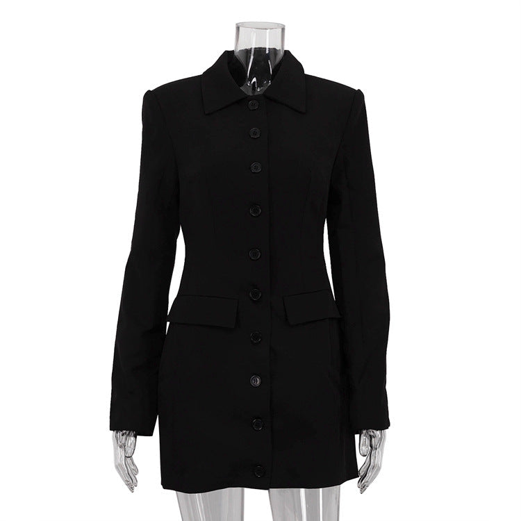 Polo Collar Long-Sleeved Cardigan Skinny Short Sheath Dress Street Black Shirt Dress