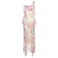 Spring Women Clothing French Sexy Ruffled Floral Decoration Printed Mesh Sling Dress