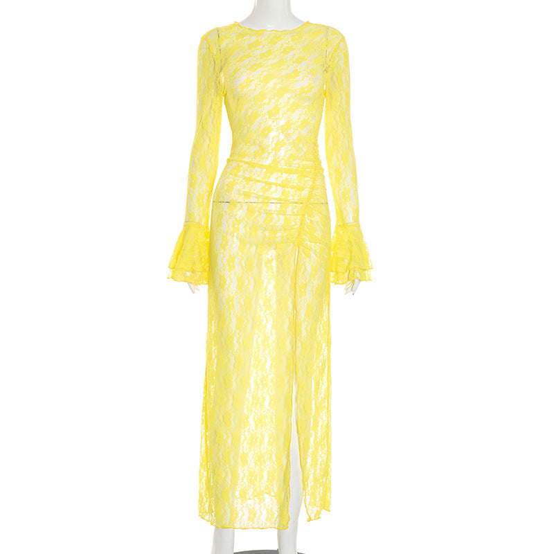 Women Clothing Autumn Sexy Lace Flared Sleeve Slit Dress