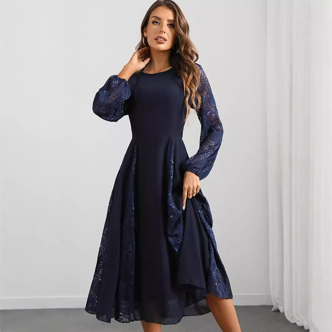 Sexy Long Sleeve Chiffon Stitching Lace Dress Women Clothing Evening Dress