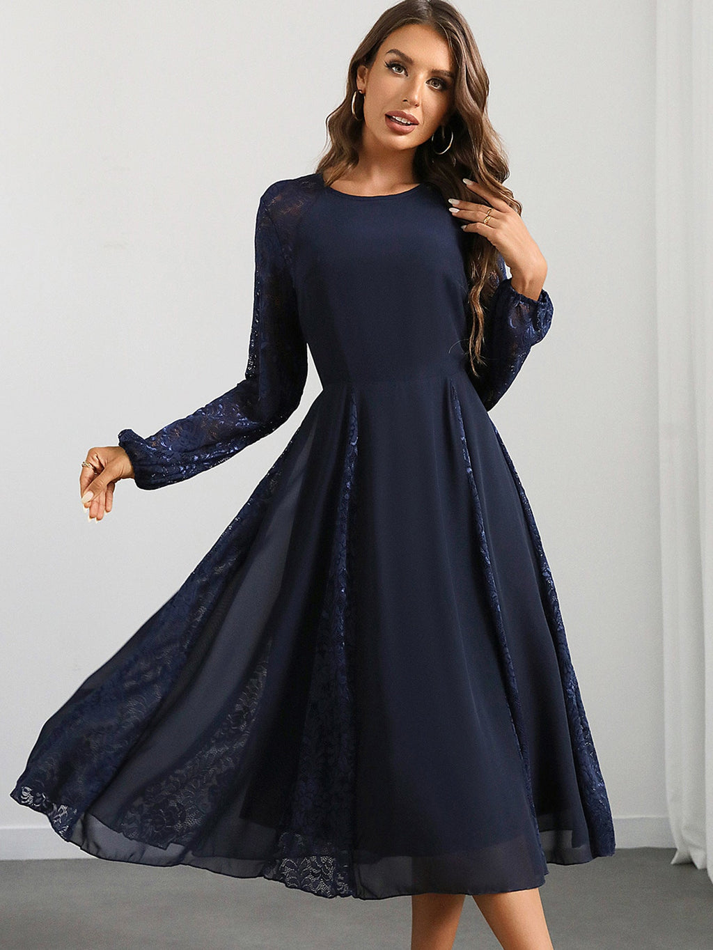 Sexy Long Sleeve Chiffon Stitching Lace Dress Women Clothing Evening Dress