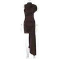 Women Clothing Spring Summer Slim round Neck Pleated Hip Irregular Asymmetric Sleeveless Dress