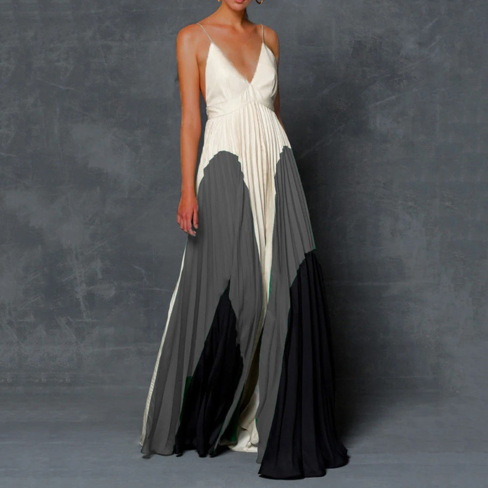 Summer Women Clothing Dress Slim Fit Slimming Long Color Matching Pleated Cami Dress Long