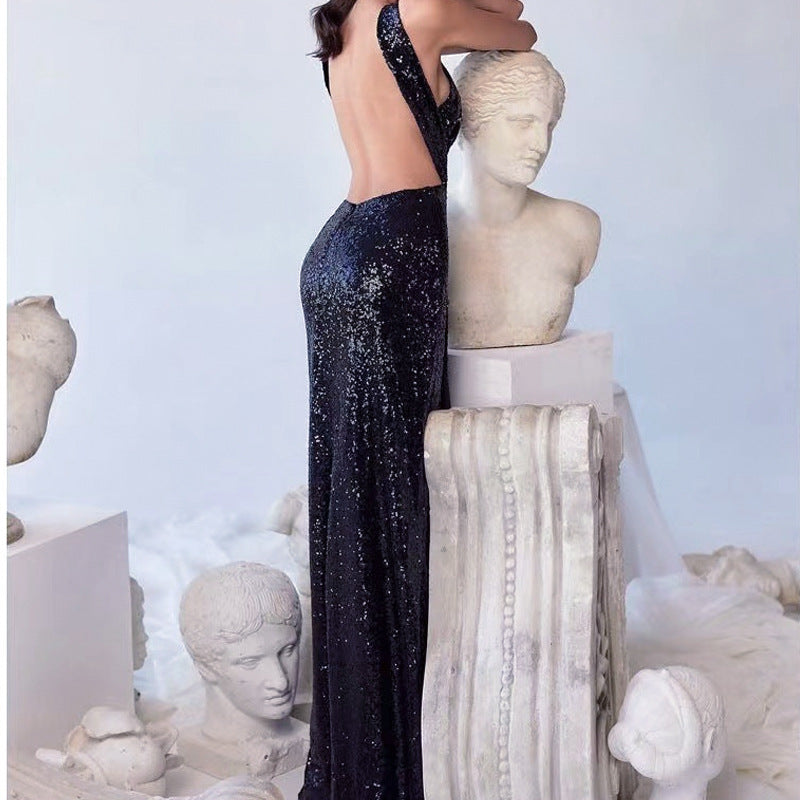 Summer Black Paillette Backless Sleeveless Hollow Out Cutout Sexy High Waist Slit Dress for Women