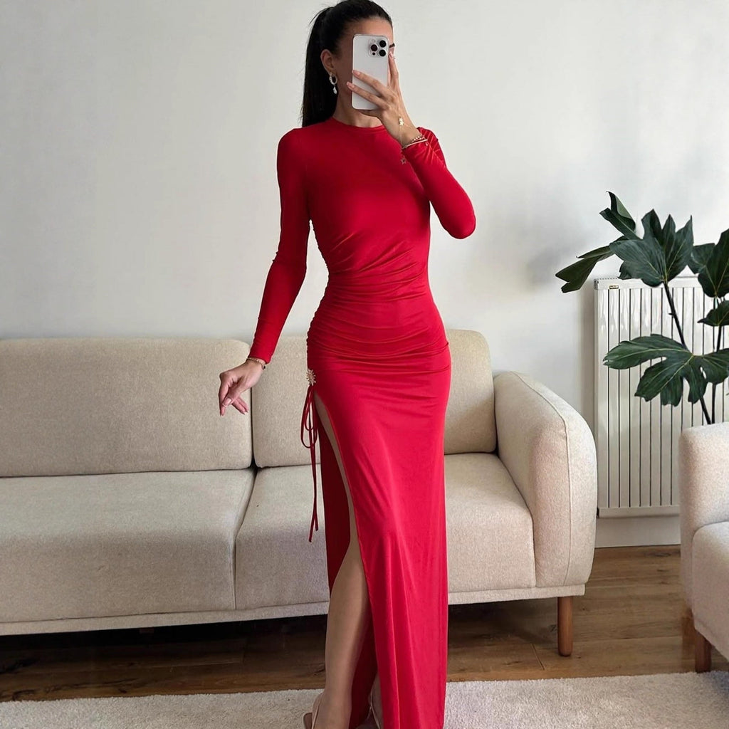 Early Autumn Women Clothing Long Sleeve Dress Lace up Slimming Slit Metal Decorative Maxi Dress Women