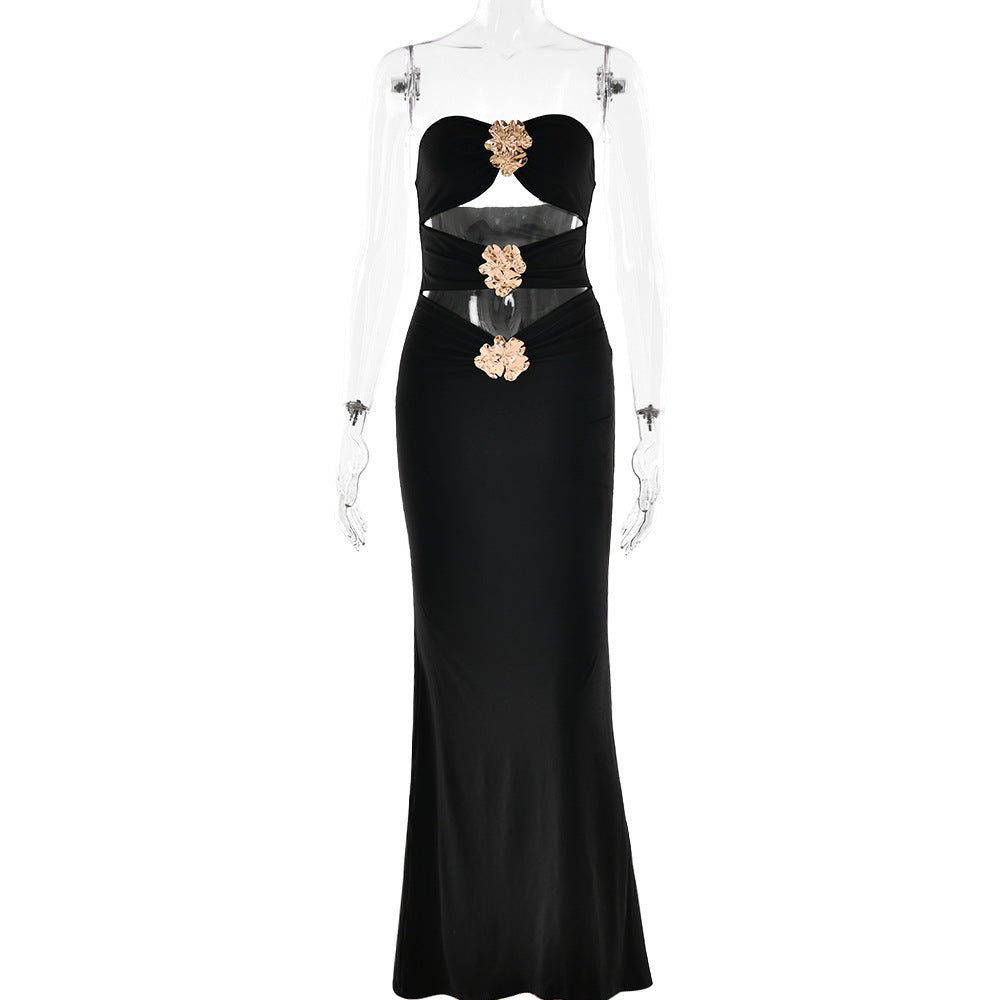 Summer Ladies Sexy Cutout Dress off Neck Metal Floral Sexy Slim Fit Maxi Dress