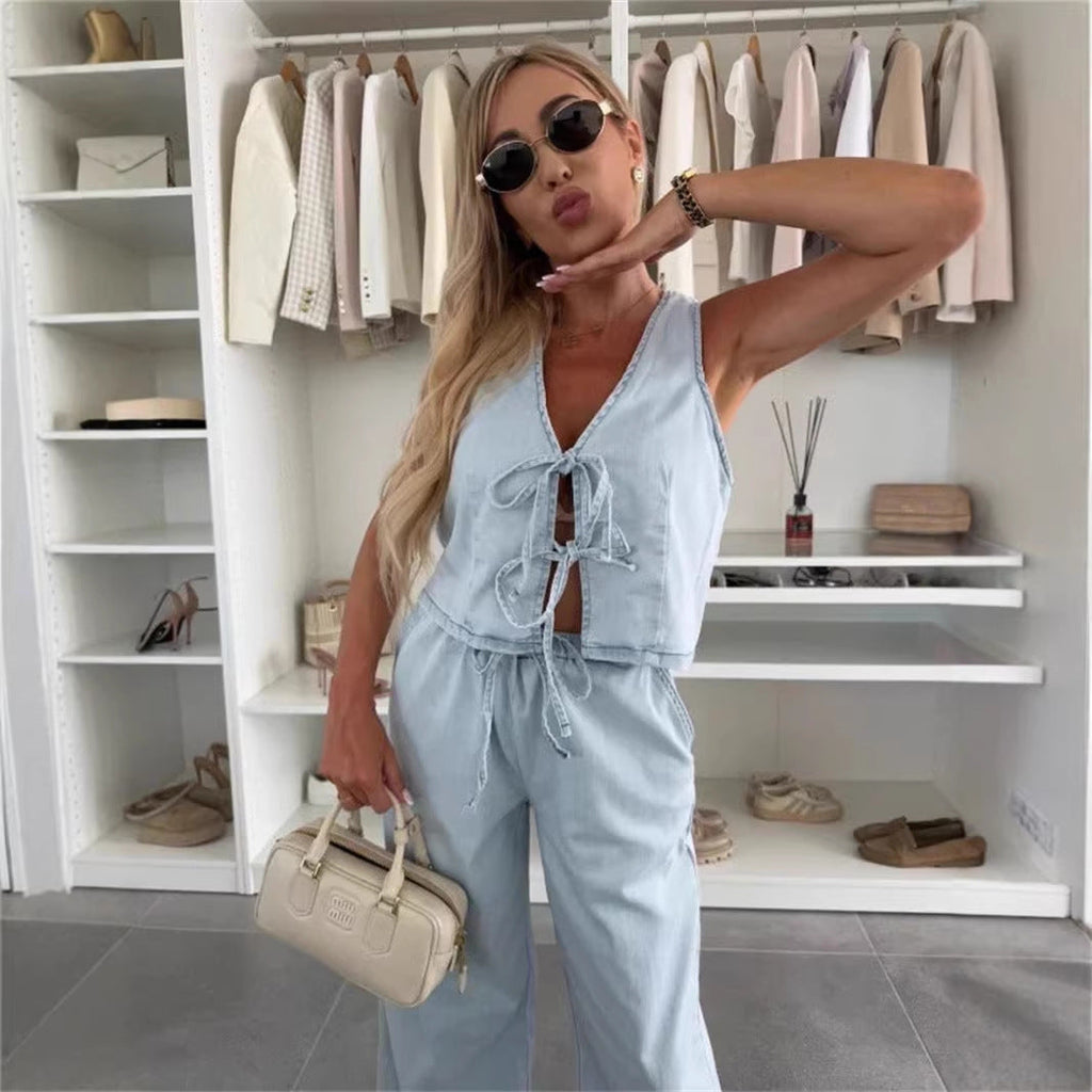 Women Spring Summer Sleeveless Lace up Vest Lace up Wide Leg Jeans Denim Set
