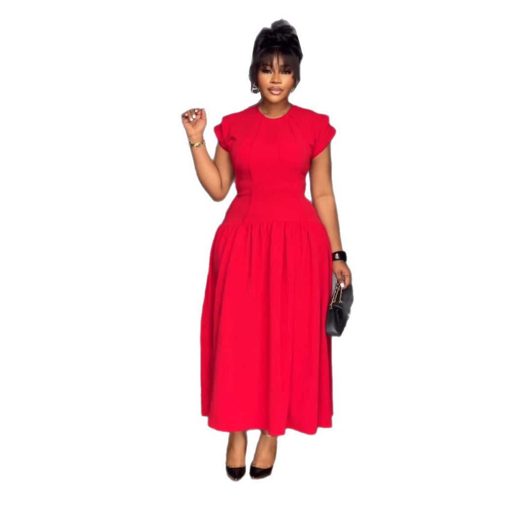 Elegant Elastic Waist Tightening Pleated Flounced Sleeve Lace Dress