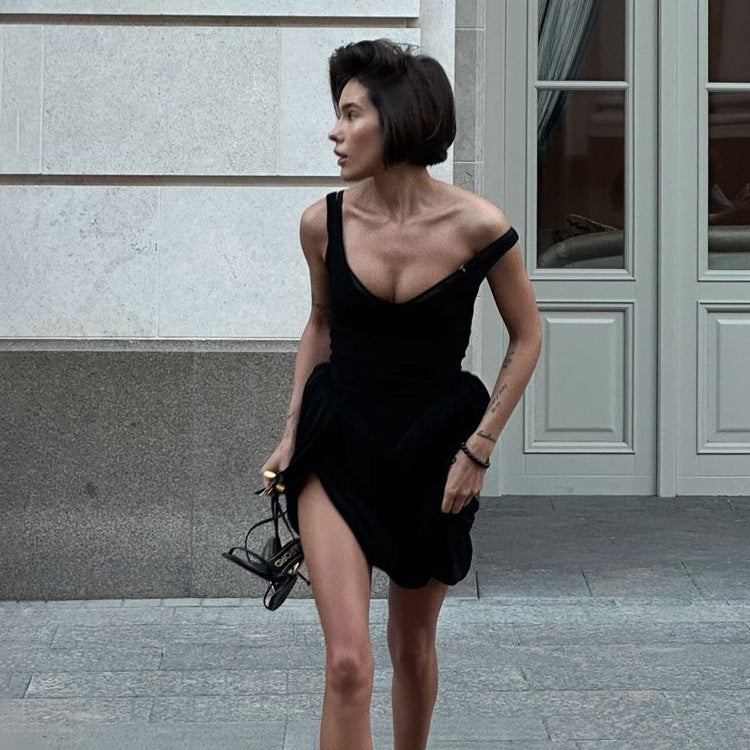 Women Clothing Patchwork Design Pleated Sleeveless Suspender High Waist Irregular Asymmetric Hem Dress