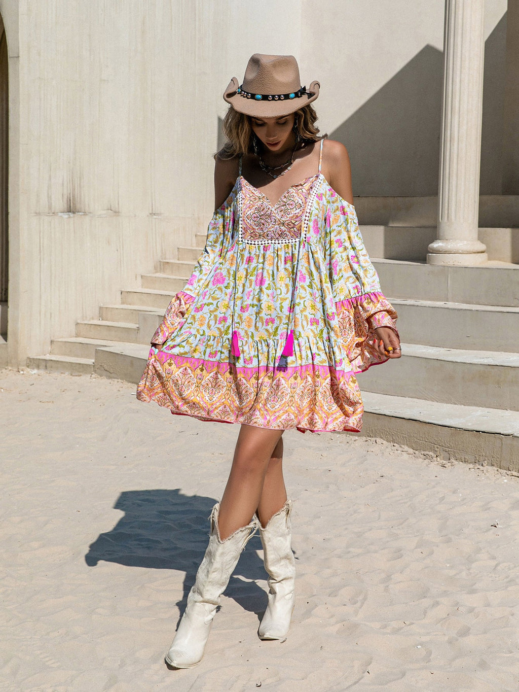 Loose Printed Off Shoulder Tassel Dress Vacation