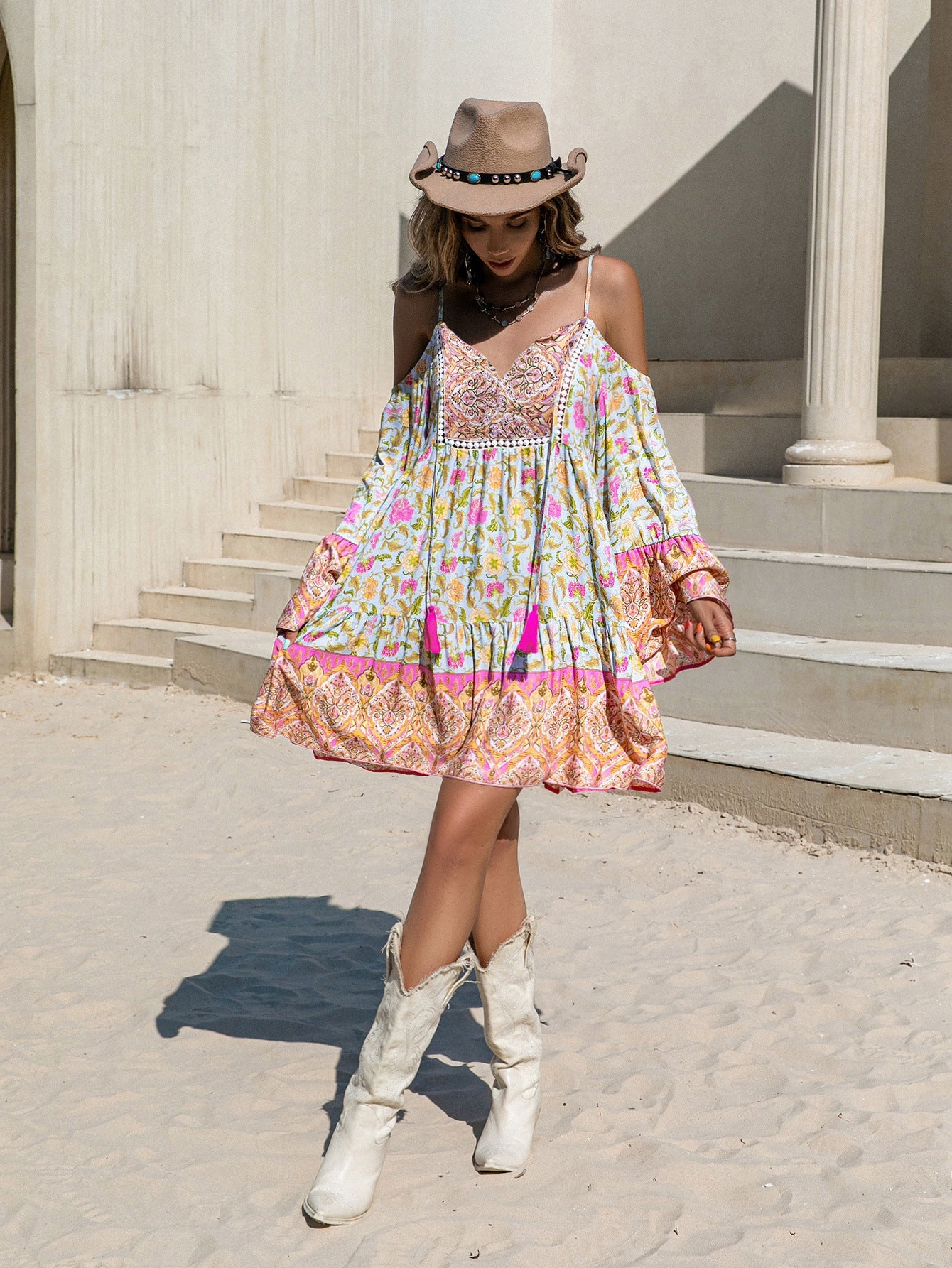 Loose Printed Off Shoulder Tassel Dress Vacation
