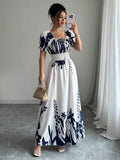 Summer Bubble Sleeve High Waist Tight Waist Women Printed Wear Large Swing Sling Dress