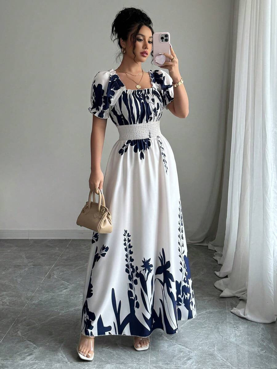 Summer Bubble Sleeve High Waist Tight Waist Women Printed Wear Large Swing Sling Dress