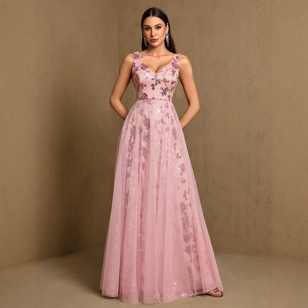 Sexy Deep V Plunge neck Large Swing Evening Dress Elegant Sexy Strap Pattern Sequin Gauze Dress Women