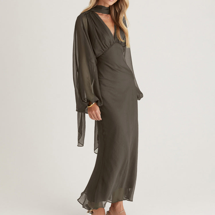 Elegant Women Clothing Autumn Design Pleated Dress Fashionable Scarf V neck Long Sleeve Narrow Maxi Dress