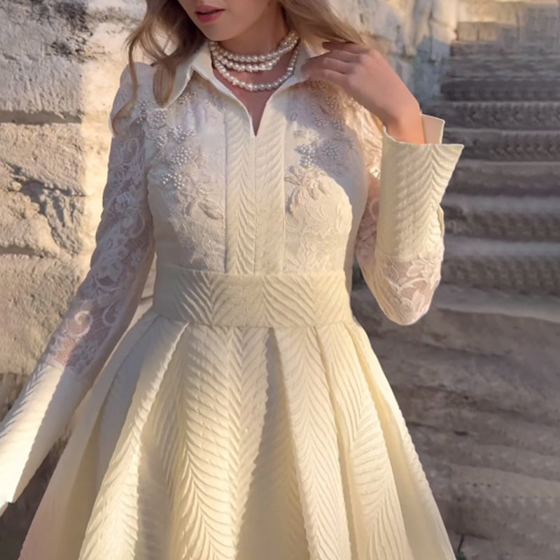 White Front Chest Floral Beads Lace Yarn French Retro Long Sleeve Slim Dress