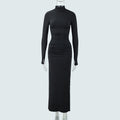Autumn Stand Collar Long Sleeve Pleated Sexy Slit Hip Bag Dress Women