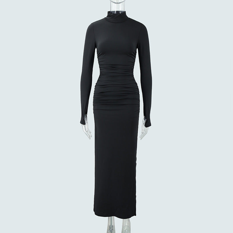 Autumn Stand Collar Long Sleeve Pleated Sexy Slit Hip Bag Dress Women