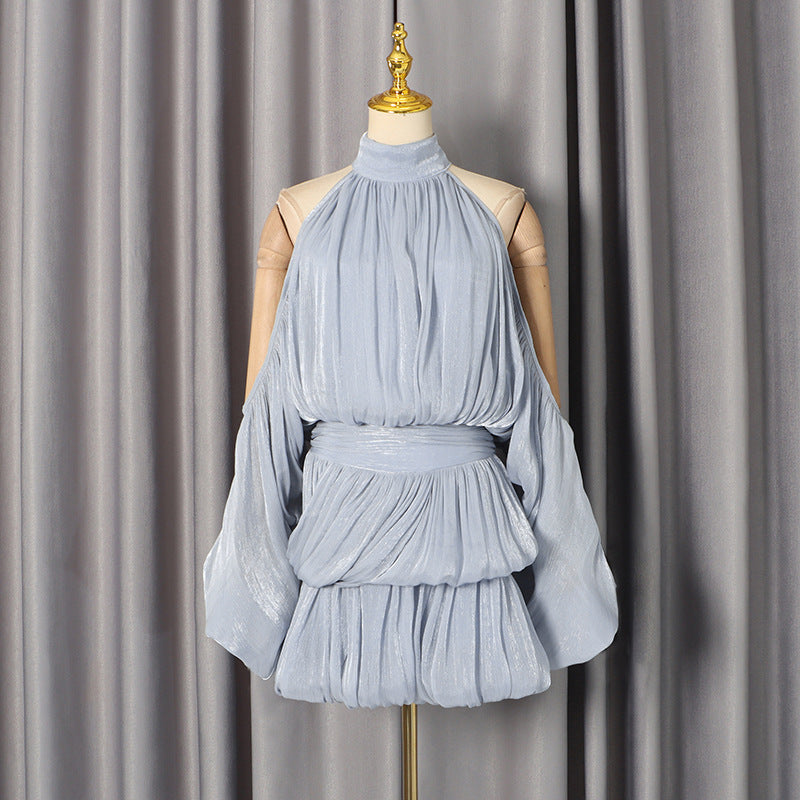 Summer Niche off the Shoulder Lantern Sleeve Waist Slimming Solid Color Dress Women