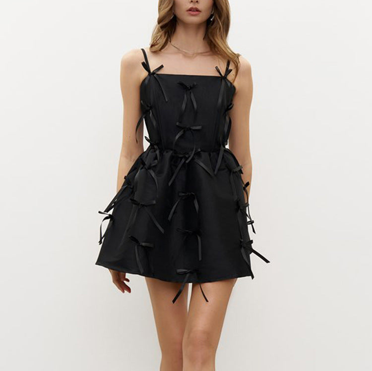 Sexy Backless off Neck Sleeveless Suspender Stitching Design Bow A line Dress Women