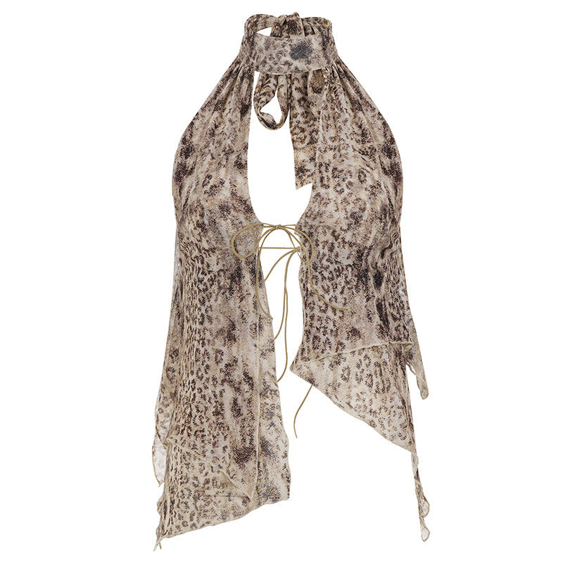 Sexy Leopard Print Hollow Out Cutout out Tied Backless Halter Vest Women Retro Street Irregular Asymmetric Spaghetti Strap