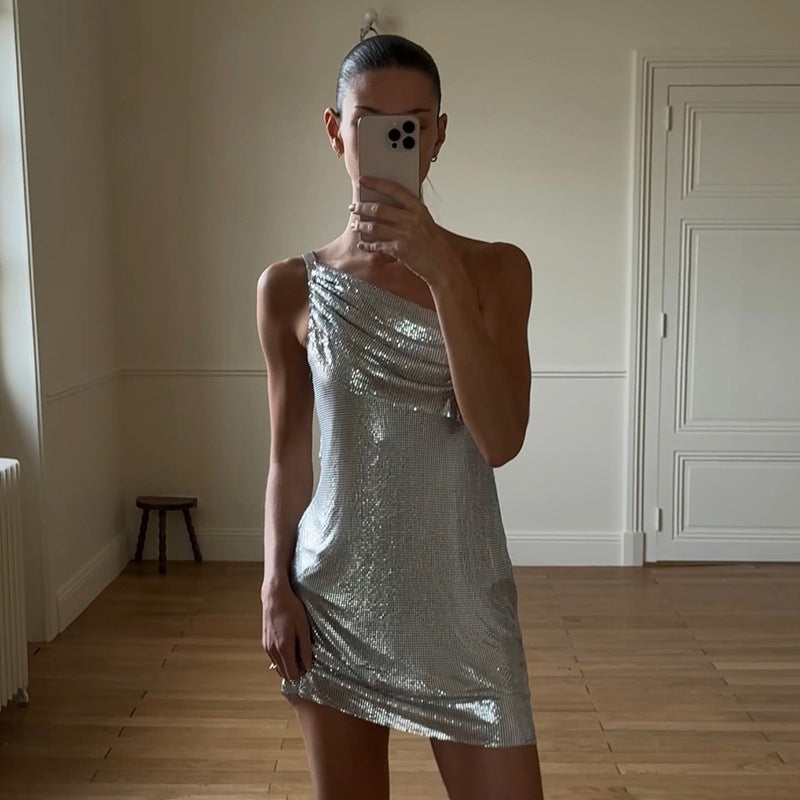 Women Clothing Spring Solid Color Sexy Slim Sleeveless Diagonal Collar Glossy One Shoulder Short Dress