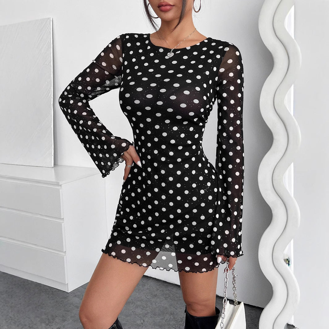 Elegant Mesh Polka Dot Printed round Neck Backless Long Sleeves Dress