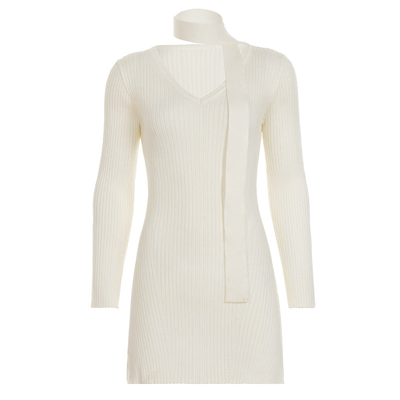 Elegance V neck Scarf Long Sleeve Woolen Dress Women Slim Fit Slimming Swing Dress