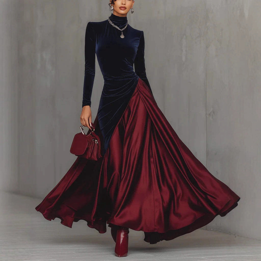 Spring Elegant Big Hem Umbrella Velvet Stitching Contrast Color Turtleneck Dress