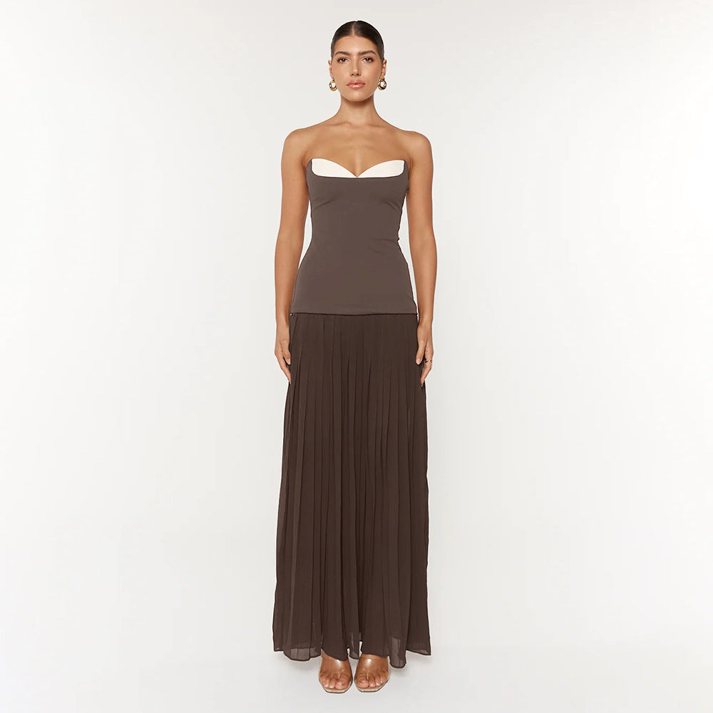 Fall Women Clothing French off Shoulder Ruffled White Coffee Color Matching Pleated Tube Top Dress