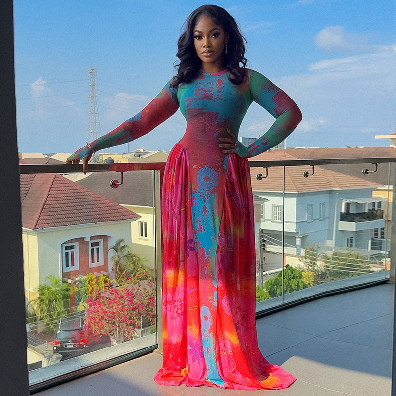 Women Clothing Vintage Crumpled Printed Patchwork Waist Slimming A line Dress round Neck Home Long Sleeve Dress