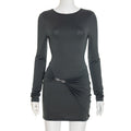 Women Autumn Winter Simple Graceful Slim Sheath Fitted Waist Solid Color Short Dress
