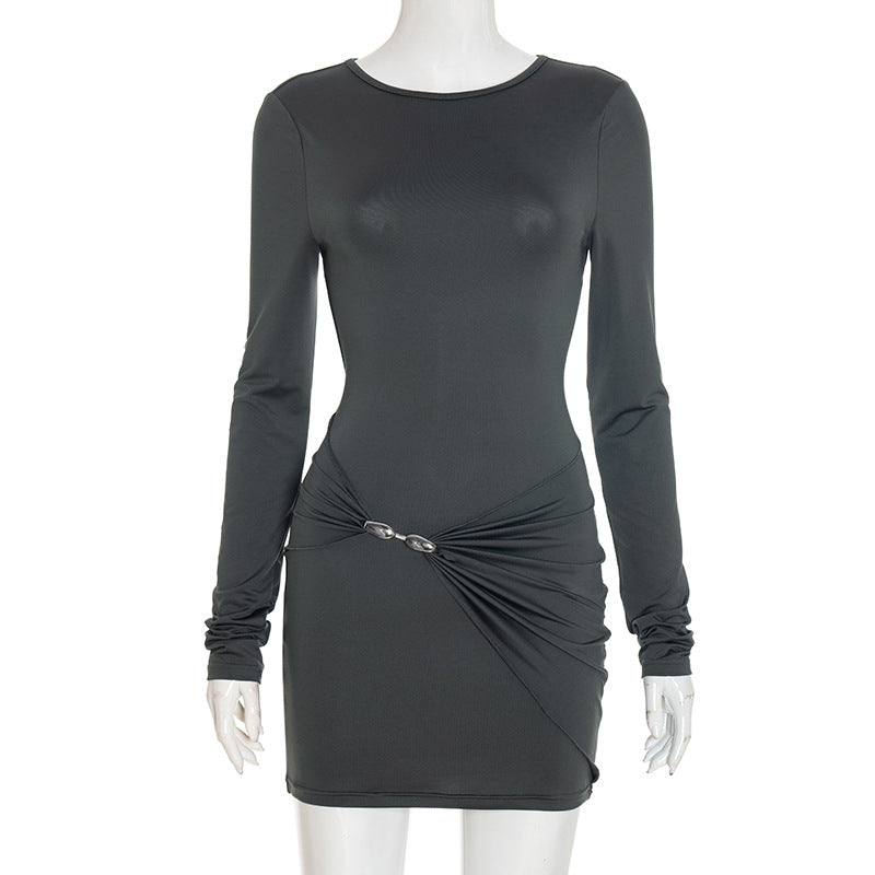 Women Autumn Winter Simple Graceful Slim Sheath Fitted Waist Solid Color Short Dress