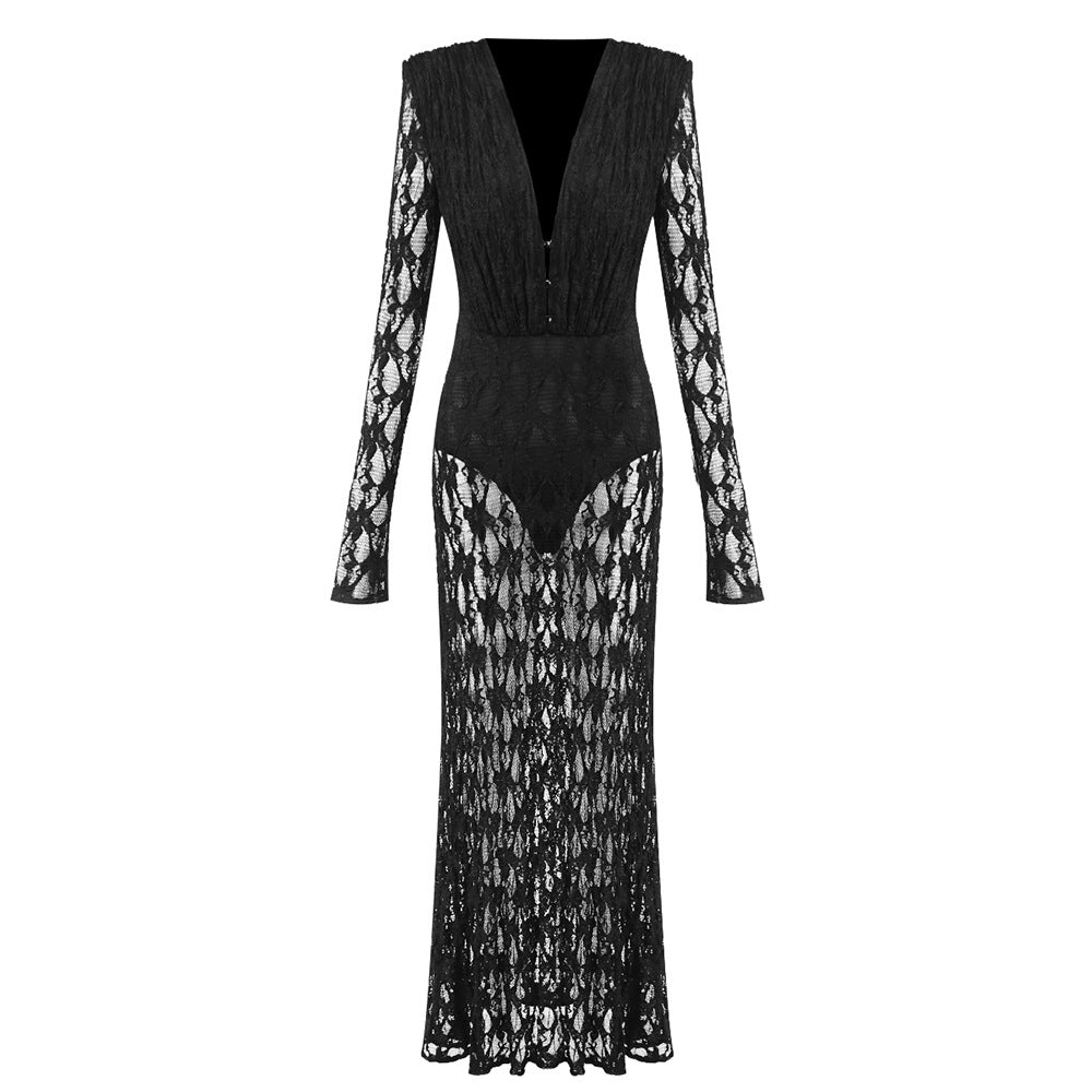 Autumn Winter French Lace Long Sleeve Lining Dress Women Clothing Dress Sexy Evening Dress Christmas