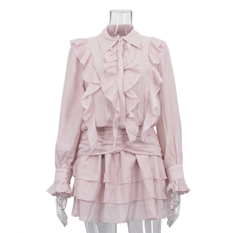 Summer Short Temperamental French Dress Women Design Ruffled Collared Long Sleeve A line Dress