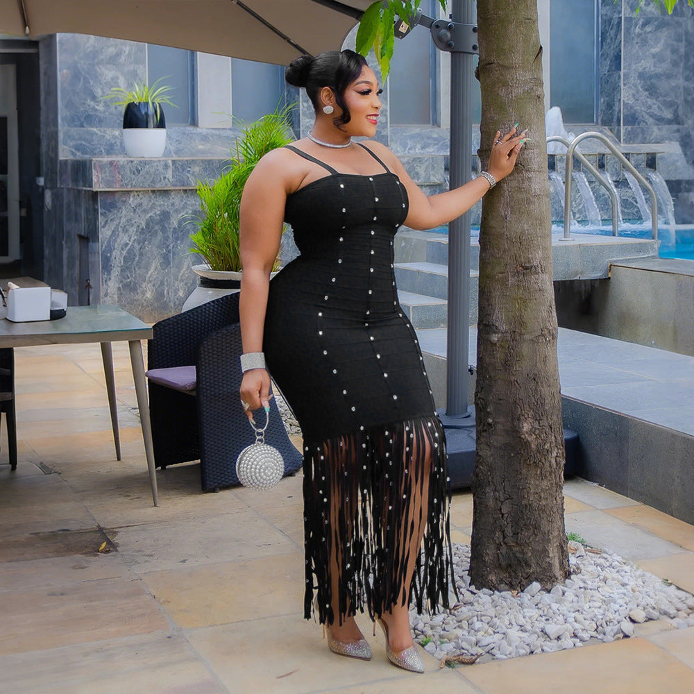 Sexy Sling Fringed Sheath Dress Women Bubble Beads