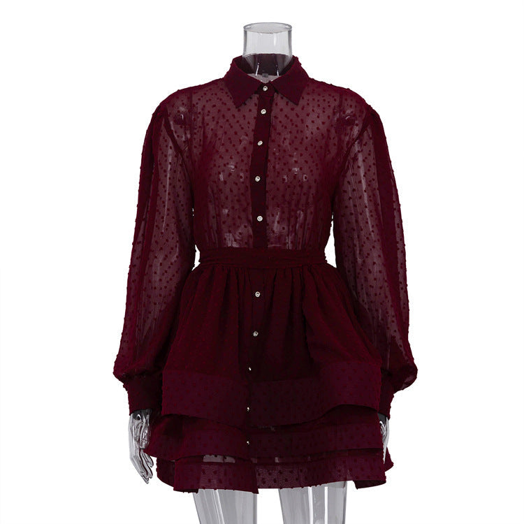 Short A Word Dress Women Elegant Collared Long Sleeve Single Breasted Lace up Shirt Dress